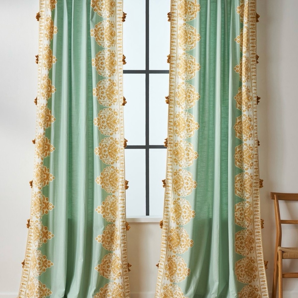 Anthropologie Green and Gold Decorative Curtains (2 panels)